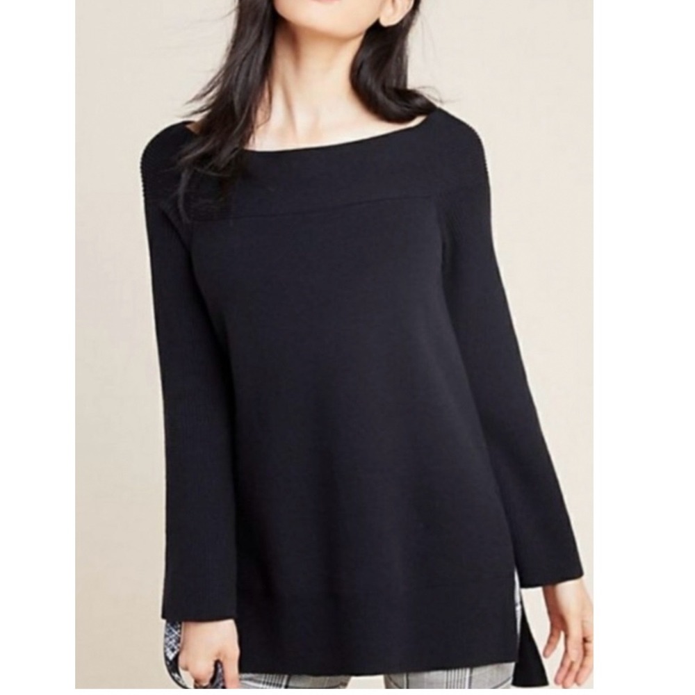 Anthropologie Elise Black Off-Shoulder Tunic Sweater Bell Sleeve XS